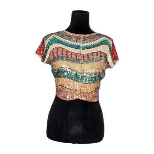 NWT Sean Combs Cropped Sequin Short Sleeve Silk Blend Cardigan Size Small Flaws!